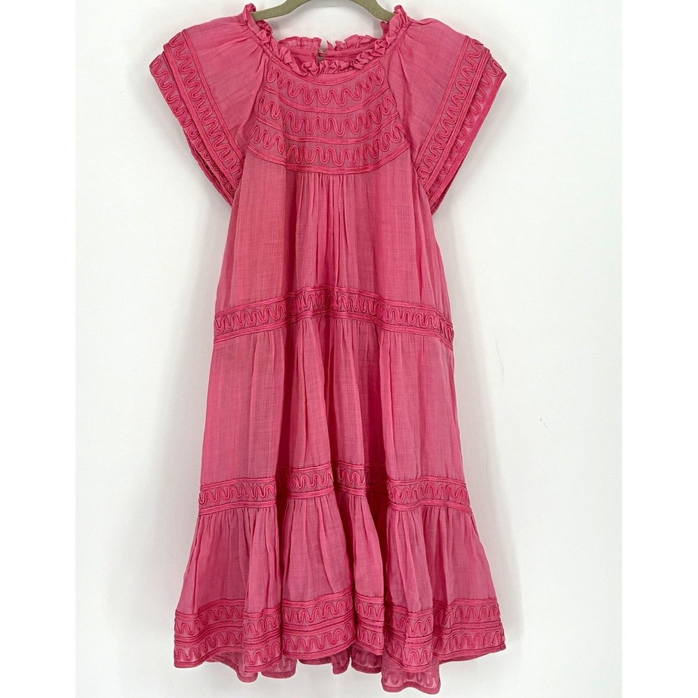 Veronica Beard Keely Pink Ramie Midi Dress Ruffle Tiered Embroidered No Tag